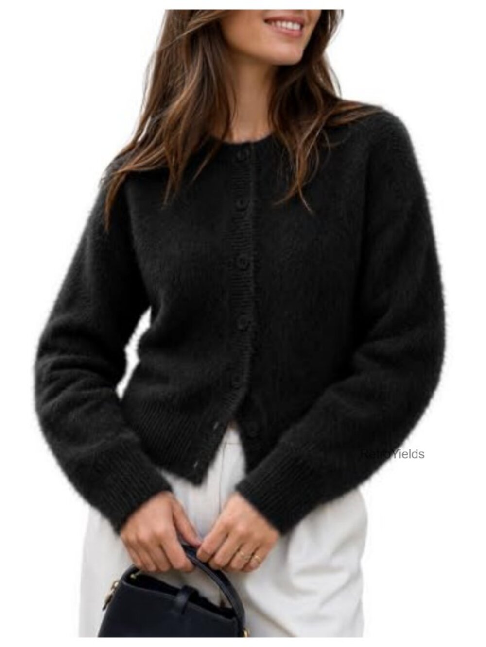 Fuzzy Button Cardigan Sweater Long Sleeve Cropped Cozy Knit